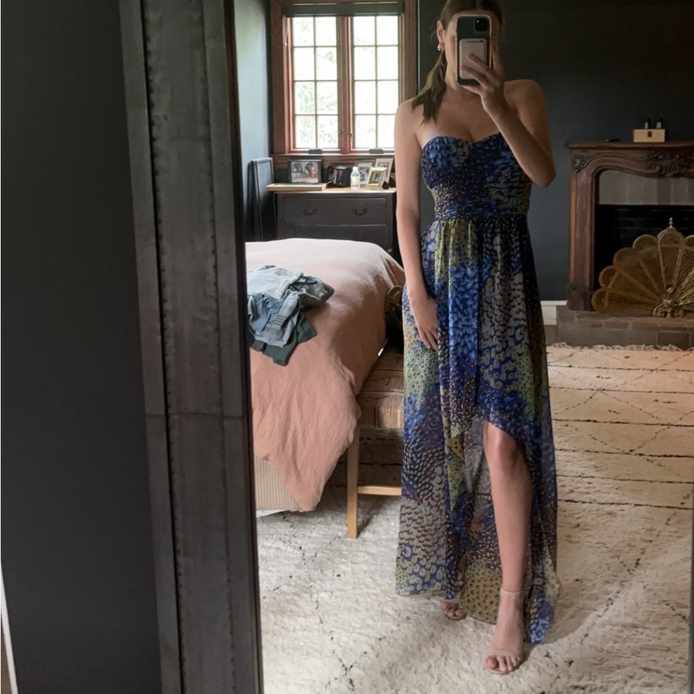 Max and Cleo Multi Color High low Peacock Print Strapless Dress